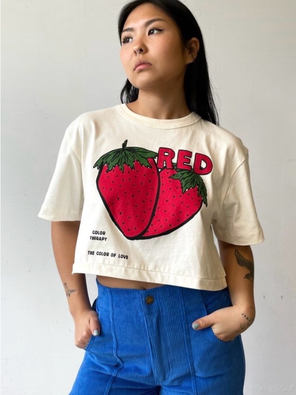 FARM Rio Cream Crop Tee with Red Strawberry Graphic
